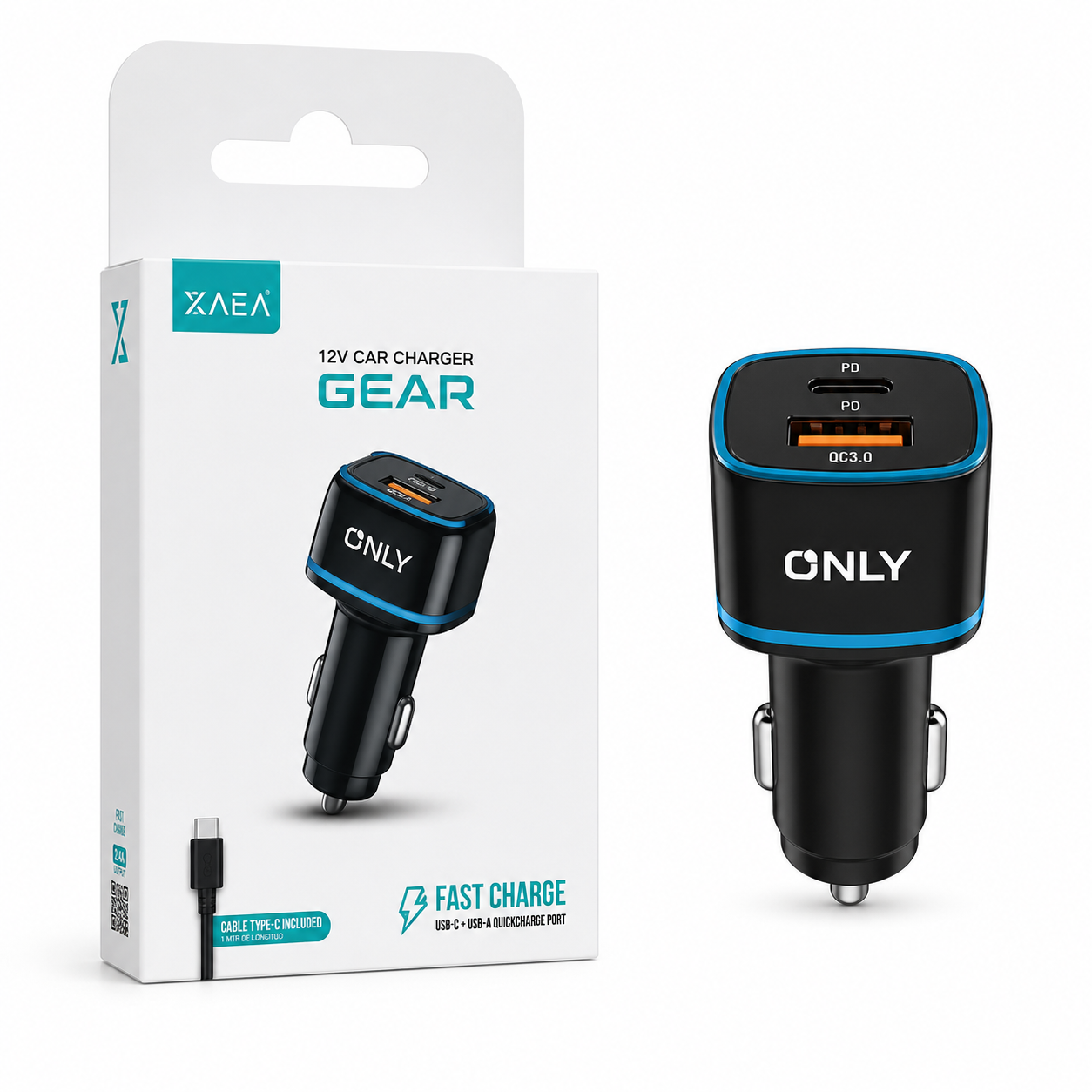 ChatGPT Image 26 may 2026, 09_53_20 a.m. Cargador 12V Auto ONLY Gear MODS-504 1 USB 1 Tipo C + Cable Tipo C Negro - Imagen 1
