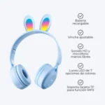 Auriculares Inalámbricos Dinax Over-ear Bluetooth Luces LED RGB Orejas Conejo Celeste - Imagen 2